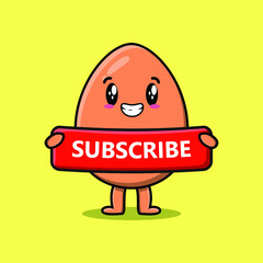 Wall Mural - Cute cartoon brown cute egg character holding red subscribe board