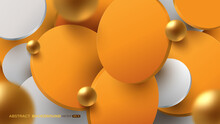 Abstract Background Decoration With Orange Round Board, 3d Gold Ball. Circle Pedestal Surface. Vector Illustration