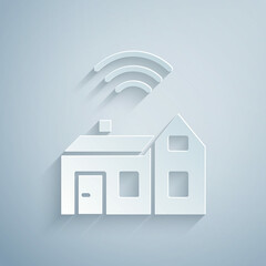 Poster - Paper cut Smart home with wireless icon isolated on grey background. Remote control. Internet of things concept with wireless connection. Paper art style. Vector
