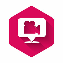 White Camera And Location Pin Icon Isolated With Long Shadow. Pink Hexagon Button. Vector