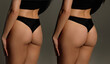 Perfect female shape of buttocks and hips after diet, fitness sports and tanning. Woman butt close-up, Before and after