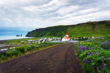 Wall Mural - Dirt road going to the village of Vik and its lutheran church in Iceland