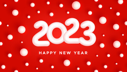 Sticker - 2023 Happy New Year. Snowy white 3D numbers 2023 among fabulous white balls on red background. Christmas decoration. Xmas Poster. 3d vector