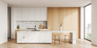 © ImageFlow - Light kitchen interior with countertop and seats, shelves and kitchenware, window