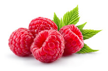 Raspberry Isolated. Red Raspberries With Green Leaf Isolate. Raspberry With Leaves Isolated On White Background. Full Depth Of Field.