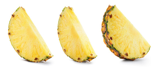 Wall Mural - Pineapple slice isolated. Pineapple slices collection on white background. Fresh pineapples set with clipping path. Full depth of field.