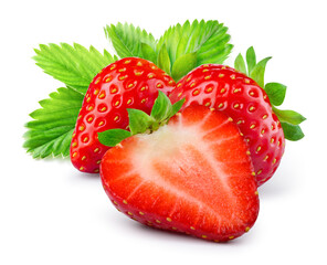 Wall Mural - Strawberry isolated. Strawberries: whole and a half on white background. Strawberry with slice and leaf. Full depth of field.