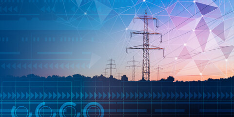 High voltage power lines with graphic elements on cyberspace background. Transmission and supply of electricity concept. Background on energy industry. Copy space