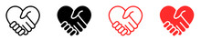 Abstract Set With Red And Black Handshakes Heart Vector Icons. Sign Friendship Or Partnership Icons. Peace And Love Symbol. Sign Agreement. 