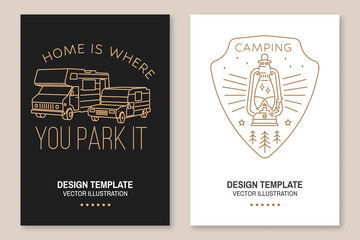 Wall Mural - home is where you park it. summer camp. vector illustration. set of line art flyer, brochure, banner