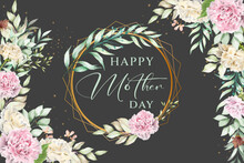 Card Or Banner On Mother's Day In Green In A Circle Of Gold Color With Leaves Of Ferns A Pink Peony On A Black Background With On Each Side Of The Leaves And Flowers
