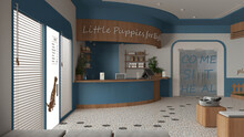 Veterinary Hospital Waiting Room In Blue And Wooden Tones. Reception Desk, Sitting Room With Benches And Pillows, Terrazzo Tiles. Entrance Door With Blinds. Interior Design Concept