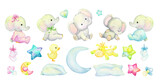 Fototapeta Dziecięca - Baby elephants, moon, horse, stars, watercolor set, animals and toys, in cartoon style, on an isolated background.
