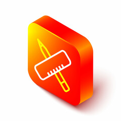 Poster - Isometric line Crossed ruler and pencil icon isolated on white background. Straightedge symbol. Drawing and educational tools. Orange square button. Vector