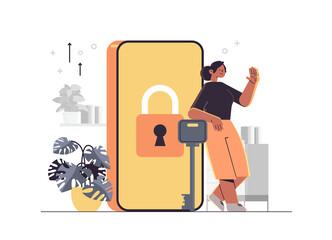Poster - woman standing near locked smartphone with padlock mobile account privacy security concept full leng