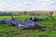 Kharkiv, Ukraine - May 15, 2022: The wreckage of the destroyed helicopter of the Russian Russian occupiers in Kharkiv and Kharkiv region. War in Ukraine