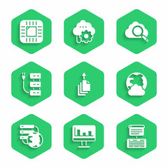 Poster - Set Data export, Monitor with graph chart, Server, Data, Web Hosting, Social network, Network cloud connection, Search computing and Processor CPU icon. Vector