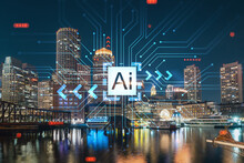 City View Panorama Of Boston Downtown Harbor And Seaport Blvd At Night Time, Massachusetts. Hologram Of Artificial Intelligence Concept. AI And Business, Machine Learning, Neural Network, Robotics