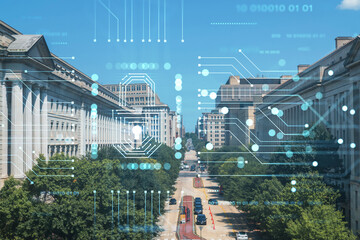 Wall Mural - City view of iconic buildings in Washington DC, USA. Political core center of the United States of America. The concept of cyber security to protect confidential information, padlock hologram