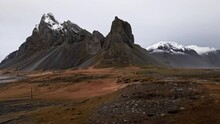 Drone Over Landscape With Vestrahorn Mountain