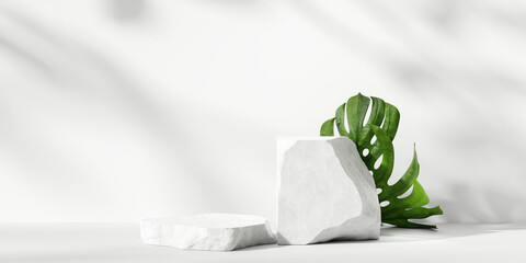 Stone product display podium with monstera leaf on white background. 3D rendering