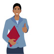© Liudmyla - Portrait of a indian girl in a business suit and with a red folder for documents in her hand, vector isolated on a white background, thumb up gesture