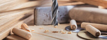 Metal Drill Bit Make Holes In Wooden Oaks Plank