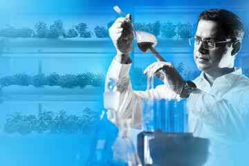 Poster - plant laboratory. biologist man examines test tube. concept of development of medicinal plants. guy 