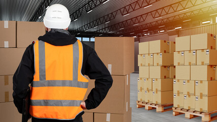 Poster - Man in courier warehouse. Guy is standing with his back to camera. Pallets with parcels in warehouse hangar. Warehouse of courier company. Parcels with stickers for courier. Work as storekeeper