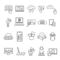 Poster - Online education icon. Line symbol of students studying. University or school signs set. Web technology. Laptop and tablet. Teacher and learning webinar. Vector graphic illustration