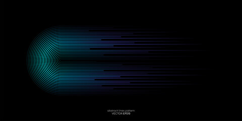 Poster - Vector half circles lines flowing dynamic pattern in blue green colors isolated on black background for concept of AI technology, digital, communication, science, music