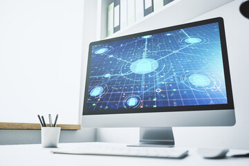 Poster - Creative idea concept with lock symbol and microcircuit illustration on modern laptop screen. Protection and firewall concept. 3D Rendering