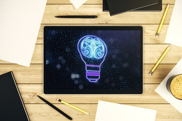 Poster - Creative light bulb illustration with human brain on modern digital tablet screen, future technology concept. Top view. 3D Rendering