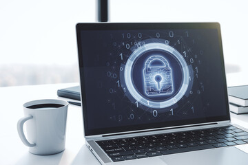 Poster - Creative lock sketch with chip hologram on modern computer monitor, protection of personal data concept. 3D Rendering