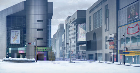 Wall Mural - Shibuya the shopping center in the Frozen Winter., 2D Anime background, Illustration.