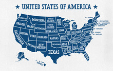 Blue Map Of United States Of America With Borders Of The States And Names. Vector Design.