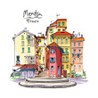 Vector hand drawing. Typical colorful Provencal houses in Menton, Provence, France