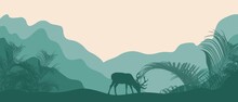 Minimalist Landscape With Mountains And Deer. Noble Animals, Nature And Beauty. Chic View Of Mountains And Nature.