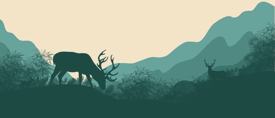 Minimalist landscape with mountains and deer. Noble animals, nature and beauty. Chic view of mountains and nature.