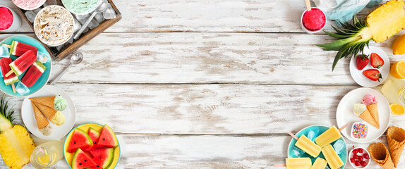 Poster - Refreshing summer foods double border. Variety of ice cream, popsicles and fruit. Above view over a white wood background.