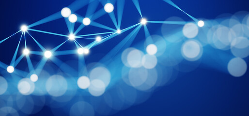 Poster - Abstract futuristic connecting dots and lines on dark blue background. Digital technology concept. Big data visualization. Digital dynamic wave of particles. 3D illustration.