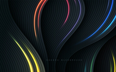 Wall Mural - black abstract wavy dimension background with colorful light decoration