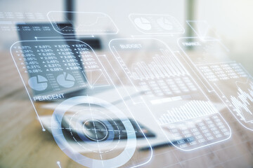 Aufkleber - Double exposure of abstract virtual statistics data hologram on blurry calculator with laptop background, statistics and analytics concept