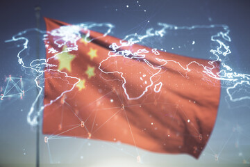 Poster - Multi exposure of abstract creative digital world map hologram on flag of China and sunset sky background, tourism and traveling concept