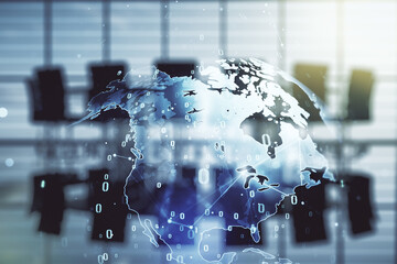 Aufkleber - Multi exposure of abstract programming language hologram and world map on a modern furnished office interior background, artificial intelligence and neural networks concept