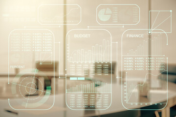 Aufkleber - Double exposure of abstract creative statistics data hologram on a modern boardroom background, analytics and forecasting concept