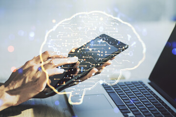 Aufkleber - Double exposure of creative human brain microcircuit and hand working with a digital tablet on background. Future technology and AI concept