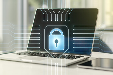 Poster - Double exposure of creative lock hologram with chip on laptop background. Information security concept