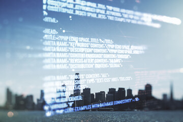 Poster - Multi exposure of abstract creative coding sketch on San Francisco city skyline background, artificial intelligence and neural networks concept