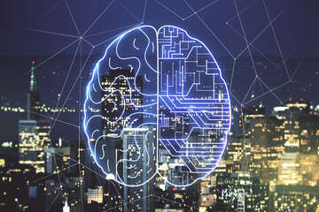 Poster - Virtual creative artificial Intelligence hologram with human brain sketch on San Francisco cityscape background. Double exposure